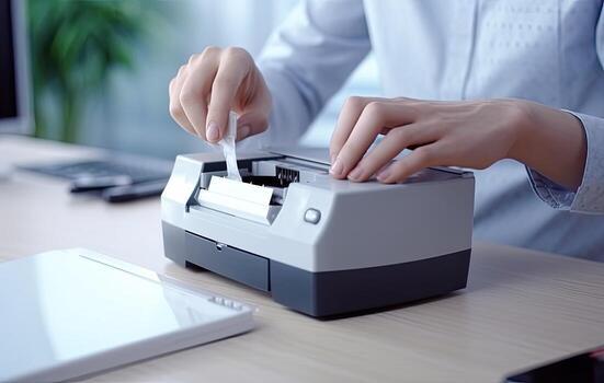 Close up on woman's notary public hand stamping the document. Notary public concept. Created with Generative AI technology. photo