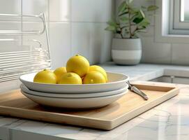 Different clean plates in dish drying rack on kitchen counter. Created with Generative AI technology. photo