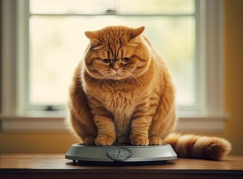 Funny cat sitting on the robot in the living room at home with sofa. Ginger cat, watches the robot with a cleaner, touches it with its paw, runs after robot. Created with Generative AI technology. photo