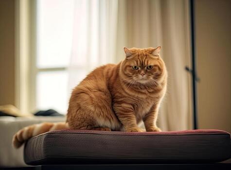Funny cat sitting on the robot in the living room at home with sofa. Ginger cat, watches the robot with a cleaner, touches it with its paw, runs after robot. Created with Generative AI technology. photo