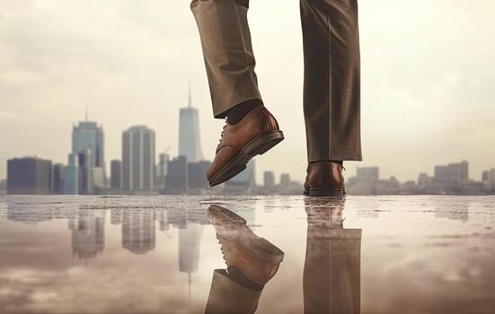 Start, Competition Concept. Low Section of Businessman Steps into Start Line on Running Track and Moving Forward to New Challenge. Created with Generative AI technology. photo