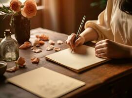 Hands of young woman holding handwritten letter. Created with Generative AI technology. photo