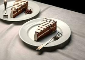 A slice of delicious chocolate cake. Layered chocolate cake. Created with Generative AI technology. photo