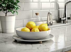 Different clean plates in dish drying rack on kitchen counter. Created with Generative AI technology. photo