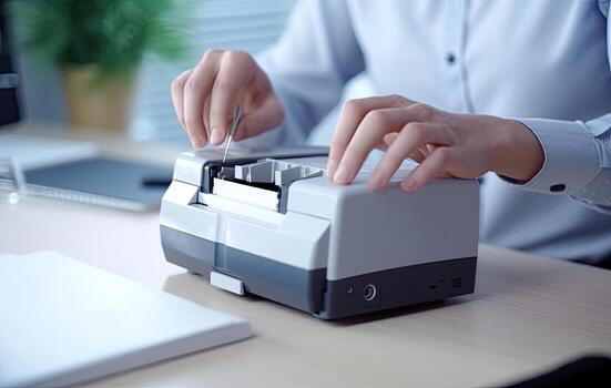 Close up on woman's notary public hand stamping the document. Notary public concept. Created with Generative AI technology. photo