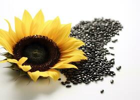 Flowers and seed of sunflower on white background with space for text. Created with Generative AI technology. photo