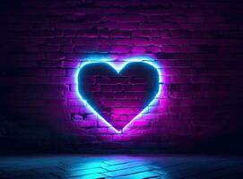 Neon heart with a glow on the background of a dark brick wall. Neon sign pink and blue. Created with Generative AI technology. photo