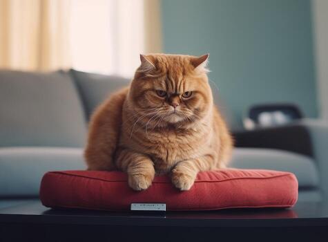 Funny cat sitting on the robot in the living room at home with sofa. Ginger cat, watches the robot with a cleaner, touches it with its paw, runs after robot. Created with Generative AI technology. photo