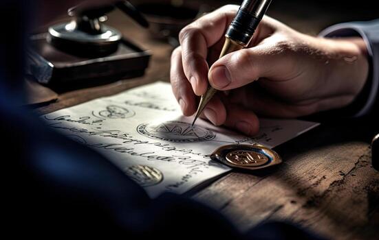 Middle aged businessman in casual clothes making notes in notepad while sitting in his office. Created with Generative AI technology. photo