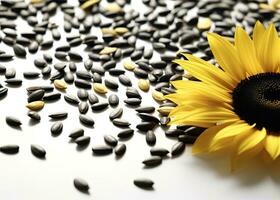 flores y semilla de girasol en blanco antecedentes con espacio para texto. creado con generativo ai tecnología. foto