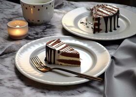 A slice of delicious chocolate cake. Layered chocolate cake. Created with Generative AI technology. photo