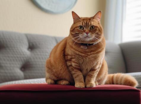 Funny cat sitting on the robot in the living room at home with sofa. Ginger cat, watches the robot with a cleaner, touches it with its paw, runs after robot. Created with Generative AI technology. photo