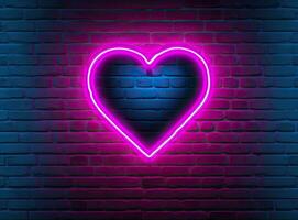 Neon heart with a glow on the background of a dark brick wall. Neon sign pink and blue. Created with Generative AI technology. photo