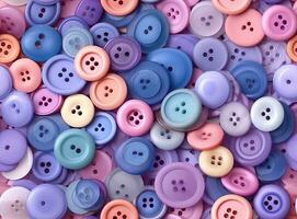 Many colorful garment buttons in various shapes and sizes. SEAMLESS PATTERN. Created with Generative AI technology. photo