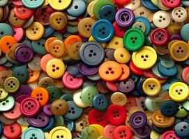 Many colorful garment buttons in various shapes and sizes. SEAMLESS PATTERN. Created with Generative AI technology. photo