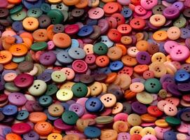 Many colorful garment buttons in various shapes and sizes. SEAMLESS PATTERN. Created with Generative AI technology. photo