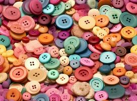 Many colorful garment buttons in various shapes and sizes. SEAMLESS PATTERN. Created with Generative AI technology. photo