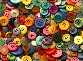 Many colorful garment buttons in various shapes and sizes. SEAMLESS PATTERN. Created with Generative AI technology. photo