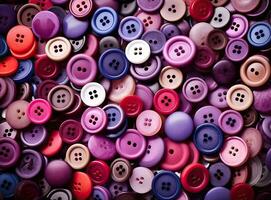 Many colorful garment buttons in various shapes and sizes. SEAMLESS PATTERN. Created with Generative AI technology. photo