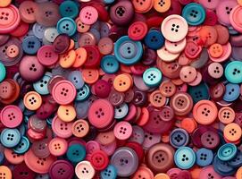 Many colorful garment buttons in various shapes and sizes. SEAMLESS PATTERN. Created with Generative AI technology. photo