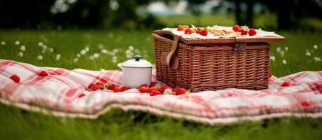 Checkered picnic duvet with empty basket on the blossoming meadow. Created with Generative AI technology. photo