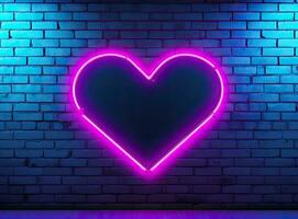 Neon heart with a glow on the background of a dark brick wall. Neon sign pink and blue. Created with Generative AI technology. photo