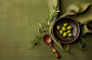 White wooden table covered with green tablecloth and cooking utensils. View from top. Empty tablecloth for product montage. Free space for your text. Created with Generative AI technology. photo