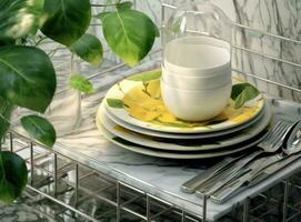 Different clean plates in dish drying rack on kitchen counter. Created with Generative AI technology. photo