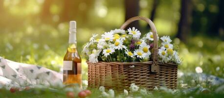 Checkered picnic duvet with empty basket on the blossoming meadow. Created with Generative AI technology. photo