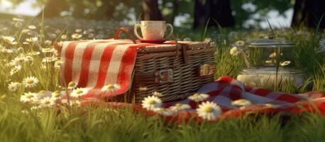 Checkered picnic duvet with empty basket on the blossoming meadow. Created with Generative AI technology. photo