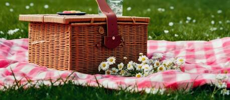Checkered picnic duvet with empty basket on the blossoming meadow. Created with Generative AI technology. photo