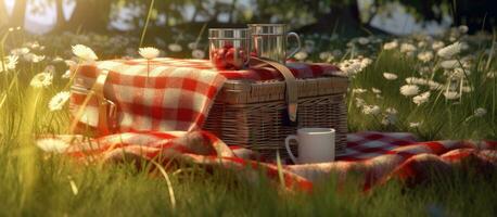 Checkered picnic duvet with empty basket on the blossoming meadow. Created with Generative AI technology. photo