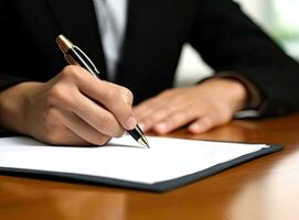 Close up of female job candidate hold pen put signature on official document in office, woman worker or applicant sign contract, close deal Created with Generative AI technology. photo