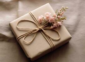 Gift or present box and flower gypsophila on light table top view. Greeting card. Flat lay style with copy space. Created with Generative AI technology. photo