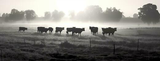 Panorama of grazing cows in a meadow with grass covered with dewdrops and morning fog, and in the background the sunrise in a small haze. Created with Generative AI technology. photo