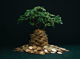 Showing financial developments and business growth with a growing tree on a coin. Created with Generative AI technology. photo