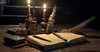 Old quill pen with inkwell and papers on wooden desk against vintage bookcase. retro style. banner copy space. Created with Generative AI technology. photo