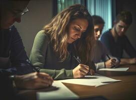 Close up of female job candidate hold pen put signature on official document in office, woman worker or applicant sign contract, close deal Created with Generative AI technology. photo