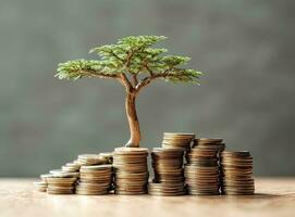 Showing financial developments and business growth with a growing tree on a coin. Created with Generative AI technology. photo