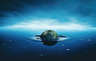 Water, planet and climate change with the earth in a puddle as a symbol of global warming or temperature shift. Created with Generative AI technology. photo