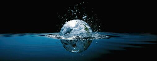 Water, planet and climate change with the earth in a puddle as a symbol of global warming or temperature shift. Created with Generative AI technology. photo