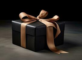 Craft gift box on a dark background, decorated with a textured bow and feathers, creating a romantic luxury atmosphere. For birthday, anniversary presents, Created with Generative AI technology. photo