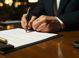 Close up of female job candidate hold pen put signature on official document in office, woman worker or applicant sign contract, close deal Created with Generative AI technology. photo