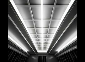 suspended ceiling with halogen spots lamps and drywall construction in empty room in apartment or house. Stretch ceiling white and complex shape. Created with Generative AI technology. photo