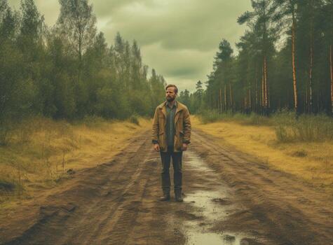 Confused man chooses road outdoor. Created with Generative AI technology. photo