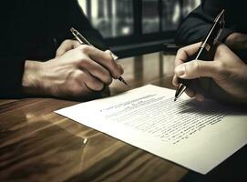 Close up of female job candidate hold pen put signature on official document in office, woman worker or applicant sign contract, close deal Created with Generative AI technology. photo