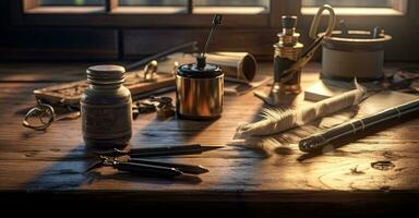 Old quill pen with inkwell and papers on wooden desk against vintage bookcase. retro style. banner copy space. Created with Generative AI technology. photo