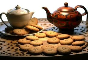 Cookies made out of wheat and can be eaten solo as well as with tea. Butter Cookies. Created with Generative AI technology. photo