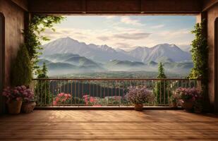 Balcony view of mountains. Landscape. Sunny Day. Terrace with a beautiful view. Background with beautiful landscape. Created with Generative AI technology. photo