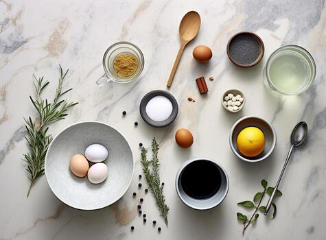 Baking culinary ingredients. Eggs, flour, whisk and kitchen textile on bright grey concrete background. Cookies, pie or cake recipe mockup. Top view. Created with Generative AI technology. photo